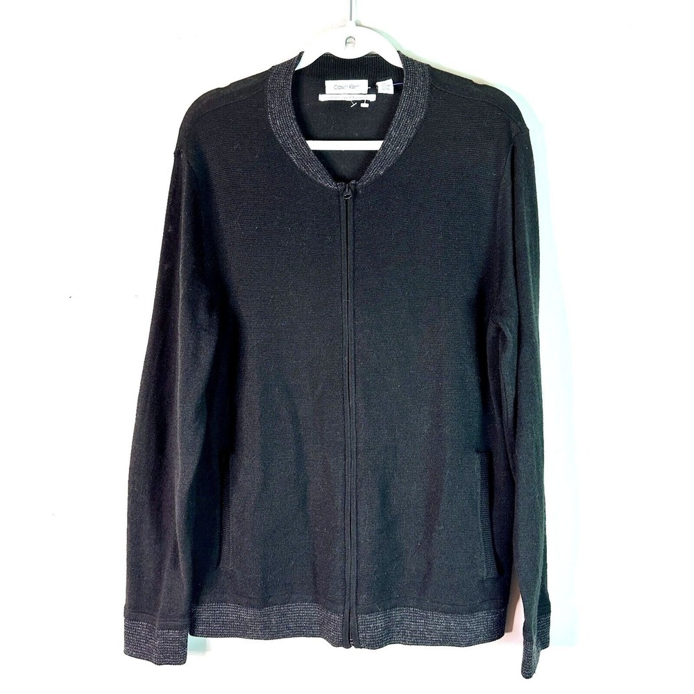 Calvin Klein Cardigan Men L Black Gray Euro Merino Sweater Preppy Classic NWOT